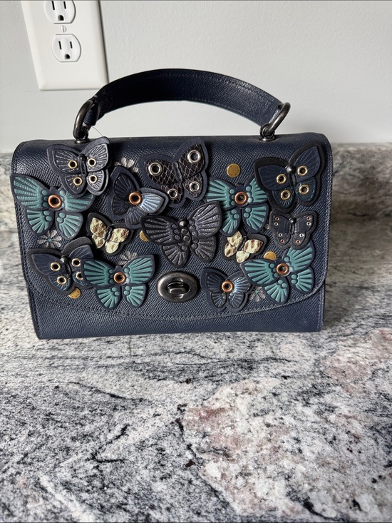 Coach Handbags - Coach Navy Top-Handle Satchel with Teal & Cream Butterfly Appliqués